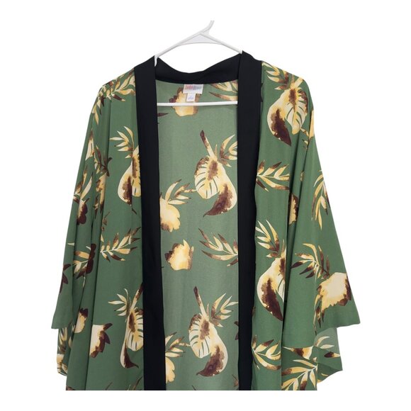 LuLaRoe Womens Floral Print Kimono Cardigan Green/Black Trim Size L Open Front - Picture 2 of 11